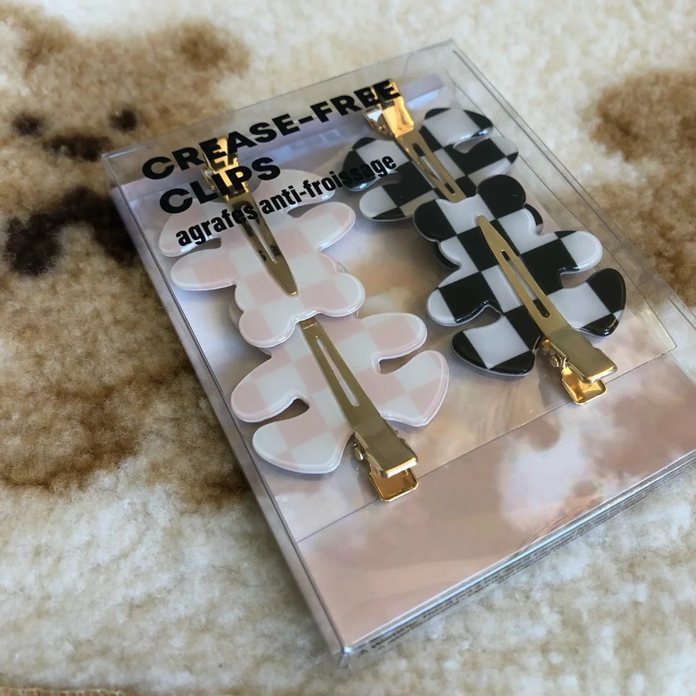 *NIB* Crease-Free Hair Clips with Checkered Teddy Bears (Set of 4)